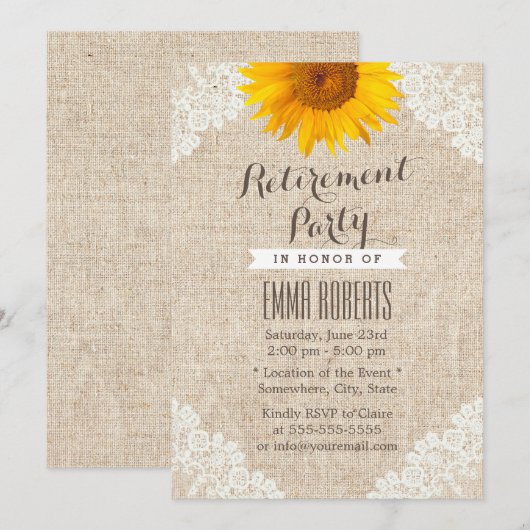 Rustic Burlap & Lace Sunflower Retirement Party Kaart (Voorkant / Achterkant)