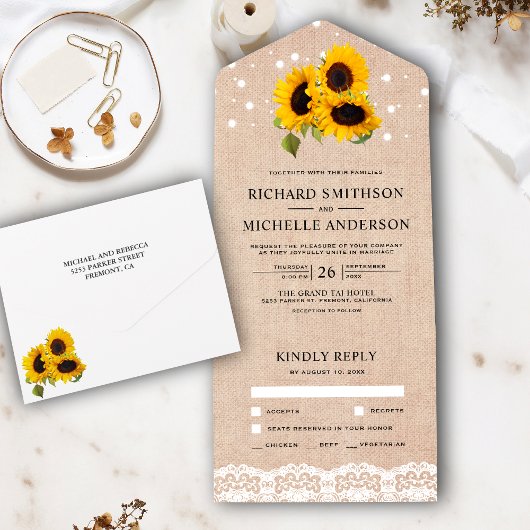 Rustic Burlap Lace Sunflower Wedding All In One Uitnodiging