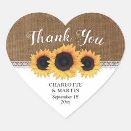 Rustic Burlap Lace Sunflower Wedding Dank je Hart Sticker