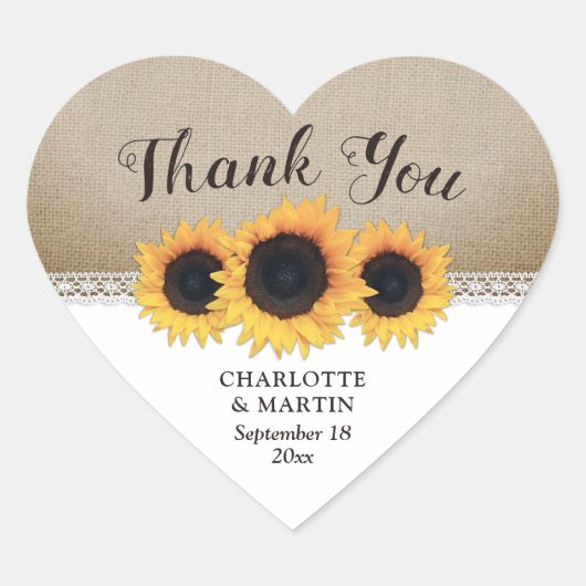 Rustic Burlap Lace Sunflower Wedding Dank je Hart Sticker (Voorkant)
