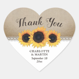 Rustic Burlap Lace Sunflower Wedding Dank je Hart Sticker