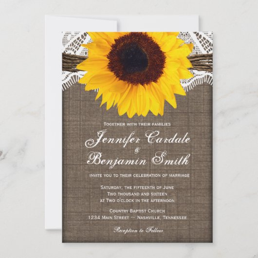 Rustic Burlap Lace Sunflower Wedding Invitting Kaart (Voorkant)