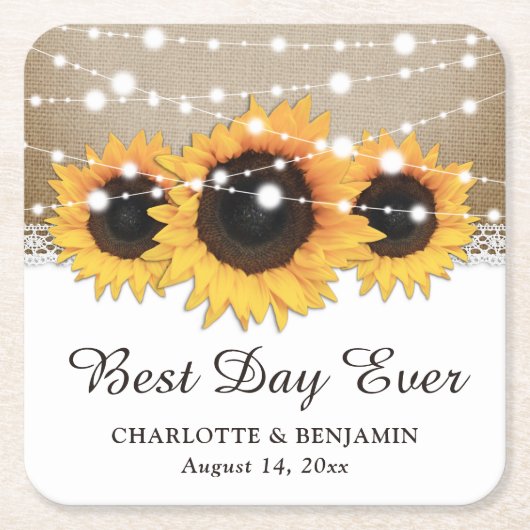 Rustic Burlap Lace Sunflower Wedding Kartonnen Onderzetters (Voorkant)