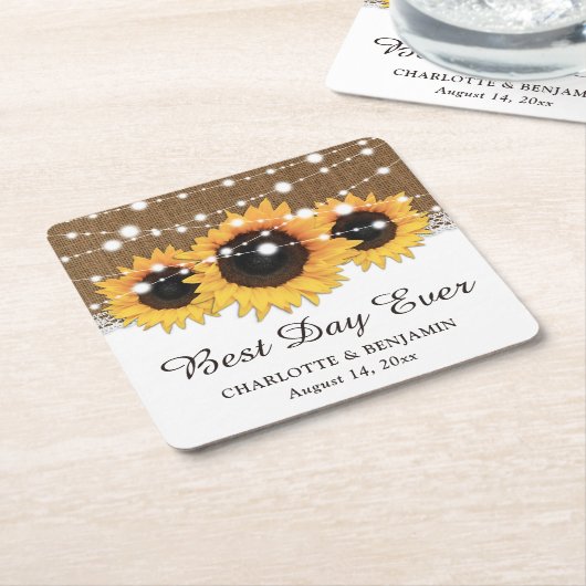 Rustic Burlap Lace Sunflower Wedding Kartonnen Onderzetters (Schuin)