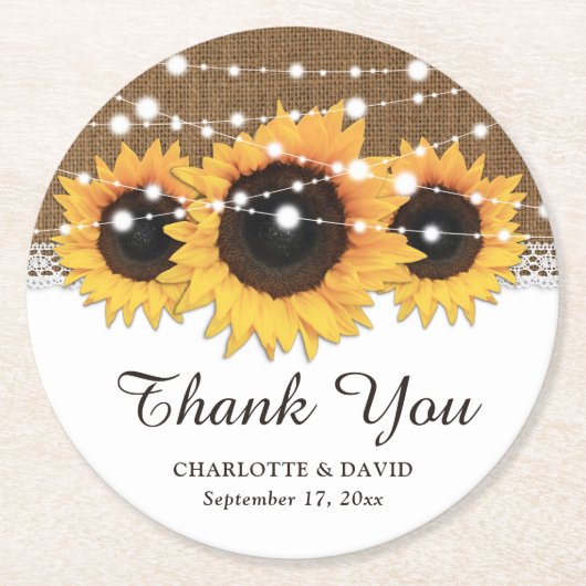 Rustic Burlap Lace Sunflower Wedding Ronde Kartonnen Onderzetter (Voorkant)