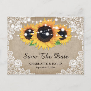 Rustic Burlap Lace Sunflower Wedding Save the Date Aankondigingskaart