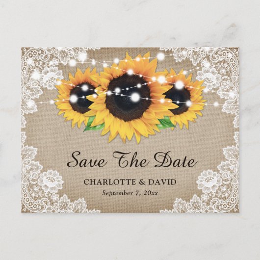 Rustic Burlap Lace Sunflower Wedding Save the Date Aankondigingskaart (Voorkant)