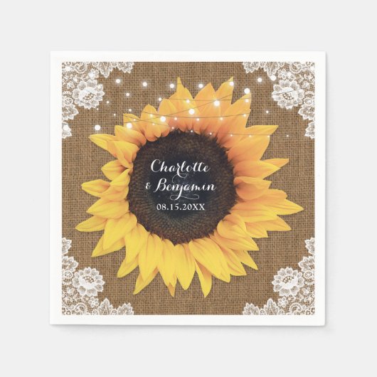 Rustic Burlap Lace Sunflower Wedding Servet (Voorkant)