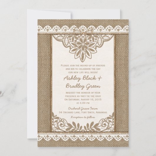Rustic Burlap Lace Twine Bow Wedding Invitation Kaart (Voorkant)