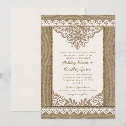 Rustic Burlap Lace Twine Bow Wedding Invitation Kaart (Voorkant / Achterkant)