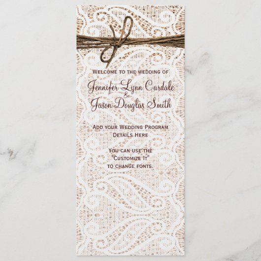Rustic Burlap Lace Twine Country Wedding Programme Programmakaart (Voorkant)