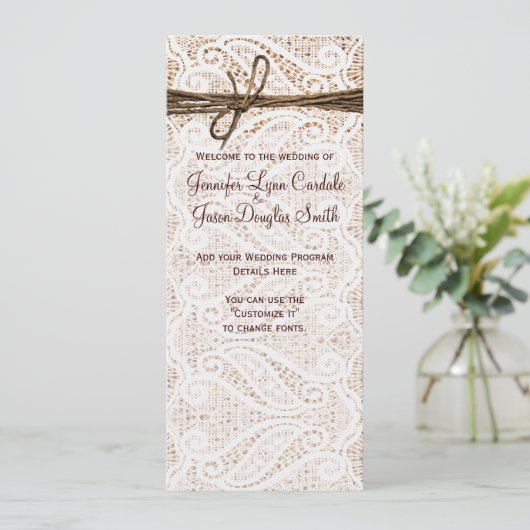Rustic Burlap Lace Twine Country Wedding Programme Programmakaart (Staand voorkant)