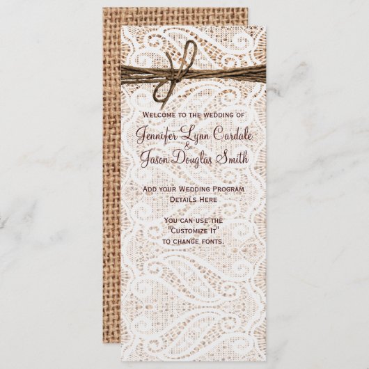 Rustic Burlap Lace Twine Country Wedding Programme Programmakaart (Voorkant / Achterkant)