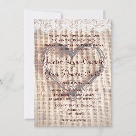 Rustic Burlap Lace Twine Heart Wedding Invitations Kaart (Voorkant)
