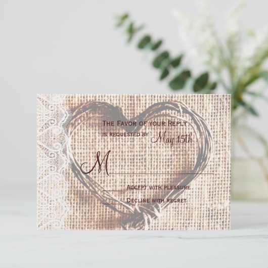 Rustic Burlap Lace Twine Heart Wedding RSVP Card Kaartje (Staand voorkant)