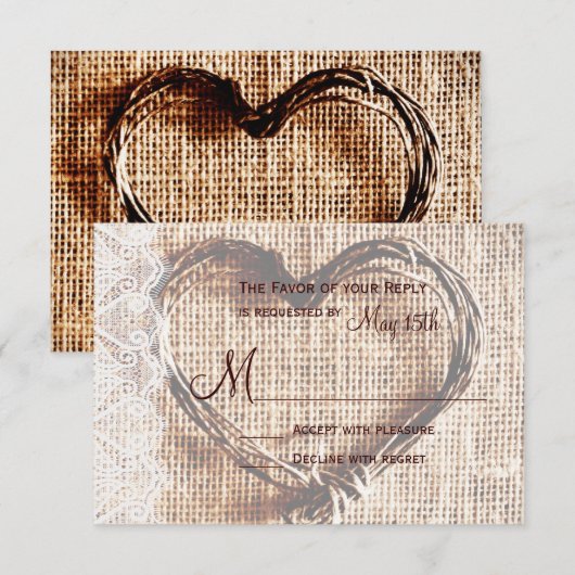 Rustic Burlap Lace Twine Heart Wedding RSVP Card Kaartje (Voorkant / Achterkant)