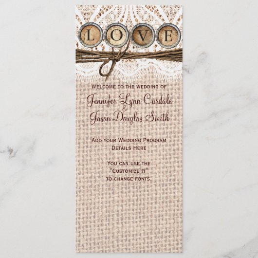 Rustic Burlap Lace Twine LOVE Wedding Programme Programmakaart (Voorkant)