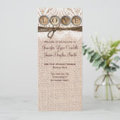 Rustic Burlap Lace Twine LOVE Wedding Programme Programmakaart (Staand voorkant)