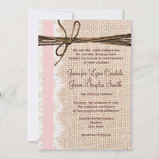Rustic Burlap Lace Twine Pink Ribbon Wedding Kaart (Voorkant)