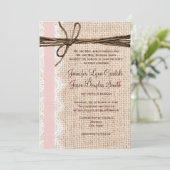 Rustic Burlap Lace Twine Pink Ribbon Wedding Kaart (Staand voorkant)