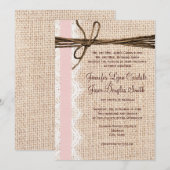 Rustic Burlap Lace Twine Pink Ribbon Wedding Kaart (Voorkant / Achterkant)