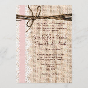 Rustic Burlap Lace Twine Pink Ribbon Wedding Kaart