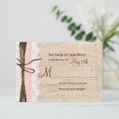Rustic Burlap Lace Twine Pink Ribbon Wedding RSVP (Staand voorkant)