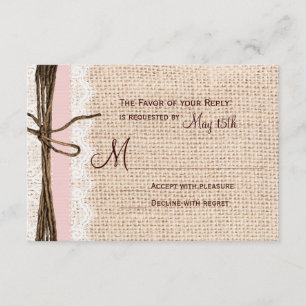 Rustic Burlap Lace Twine Pink Ribbon Wedding RSVP Kaartje