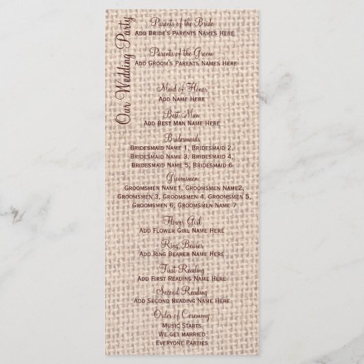 Rustic Burlap Lace Twine Sunflower Wedding Program Programmakaart (Achterkant)