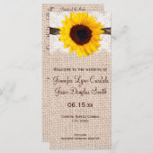 Rustic Burlap Lace Twine Sunflower Wedding Program Programmakaart (Voorkant / Achterkant)