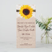 Rustic Burlap Lace Twine Sunflower Wedding Program Programmakaart (Staand voorkant)