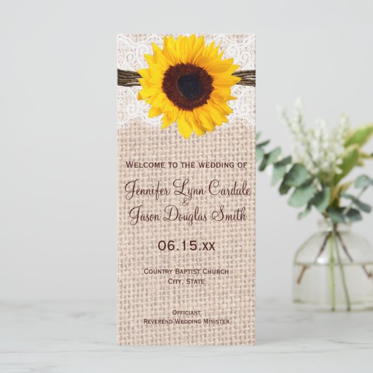 Rustic Burlap Lace Twine Sunflower Wedding Program Programmakaart (Staand voorkant)