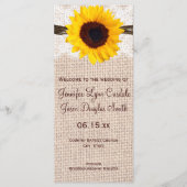 Rustic Burlap Lace Twine Sunflower Wedding Program Programmakaart (Voorkant)
