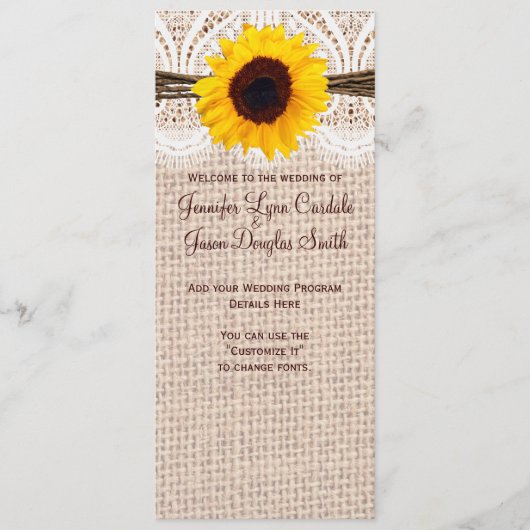 Rustic Burlap Lace Twine Sunflower Wedding Program Programmakaart (Voorkant)