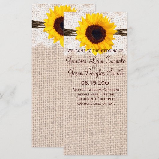 Rustic Burlap Lace Twine Sunflower Wedding Program Programmakaart (Voorkant / Achterkant)