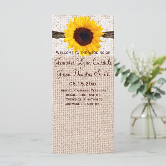 Rustic Burlap Lace Twine Sunflower Wedding Program Programmakaart (Staand voorkant)
