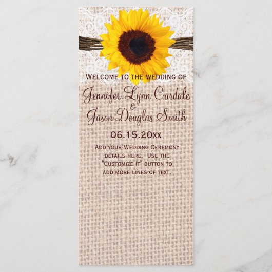 Rustic Burlap Lace Twine Sunflower Wedding Program Programmakaart (Voorkant)