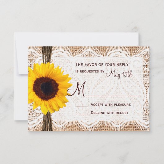 Rustic Burlap Lace Twine Sunflower Wedding RSVP (Voorkant)
