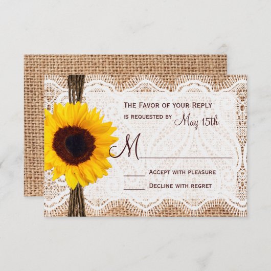 Rustic Burlap Lace Twine Sunflower Wedding RSVP (Voorkant / Achterkant)