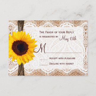 Rustic Burlap Lace Twine Sunflower Wedding RSVP Kaartje