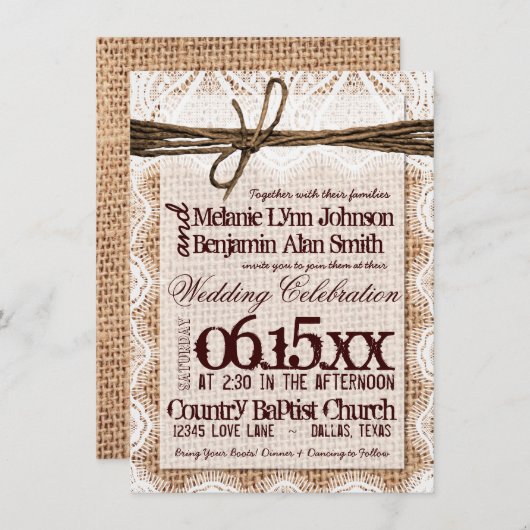 Rustic Burlap Lace Typography Wedding Invitations Kaart (Voorkant / Achterkant)