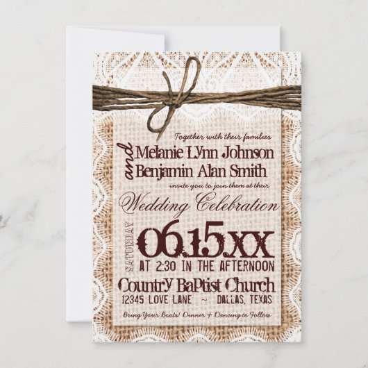 Rustic Burlap Lace Typography Wedding Invitations Kaart (Voorkant)