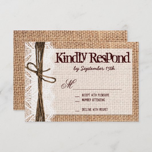 Rustic Burlap Lace Typography Wedding RSVP-kaarten RSVP Kaartje (Voorkant / Achterkant)