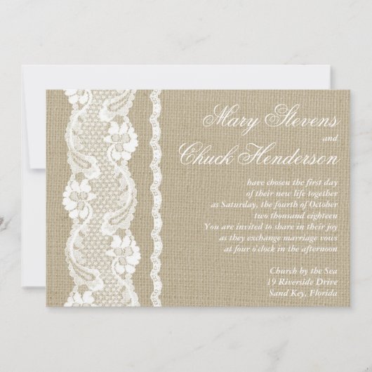 Rustic Burlap Lace Wedding Invitation Kaart (Voorkant)