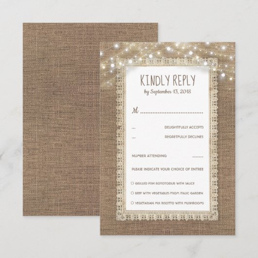Rustic Burlap Lace Wedding RSVP (Voorkant / Achterkant)