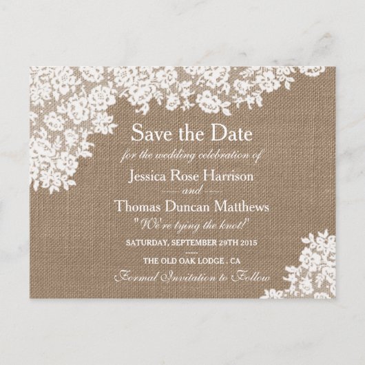 Rustic Burlap & Lace Wedding Save the Date Aankondigingskaart (Voorkant)