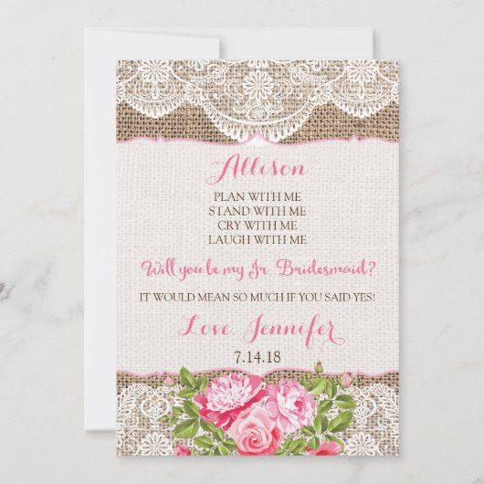 Rustic Burlap Lace Wil je mijn Jr Bridesmaid zijn? Kaart (Achterkant)