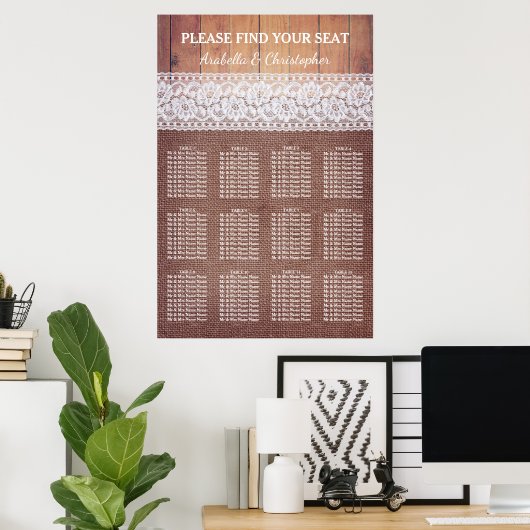Rustic Burlap Lace & Wood | 12 Tabel Zetel Poster (Thuiskantoor)