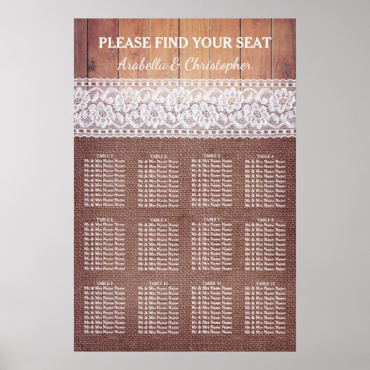 Rustic Burlap Lace & Wood | 12 Tabel Zetel Poster (Voorkant)
