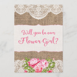 Rustic Burlap Lace Wordt mijn Bloemenmeisje-kaart Kaart